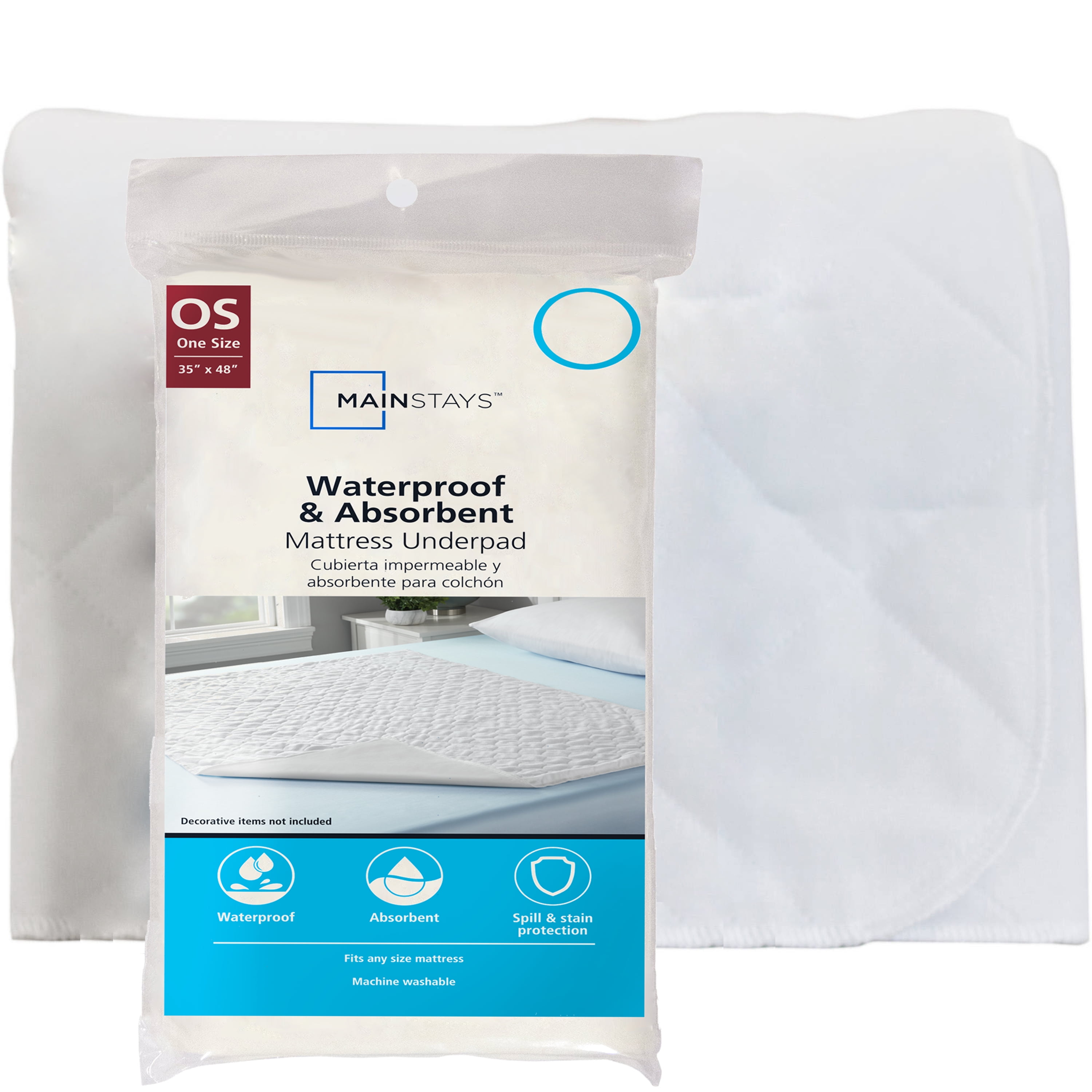 (2 pack) Mainstays Absorbent  Mattress Underpad, One Size, White- Waterproof, Soft Top