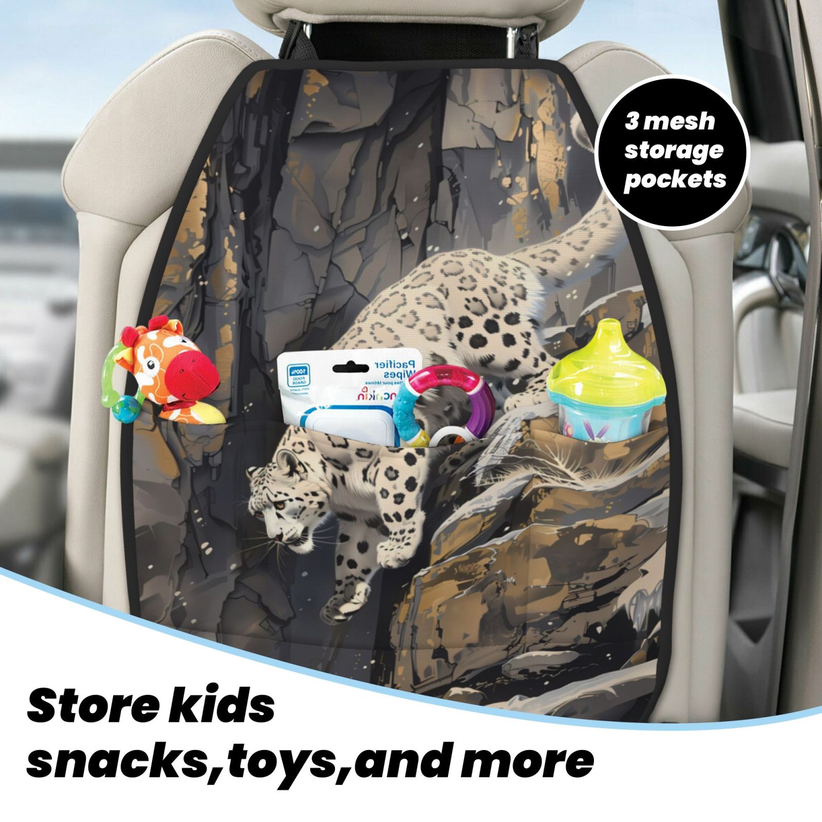 Kdxio Graceful Snow Leopard Print 2 Pack Car Kick Mat Seat Cover Back Protector Mat with Pockets for Organizer Backseat Protector and Storage Anti Kick Pad for Vehicles