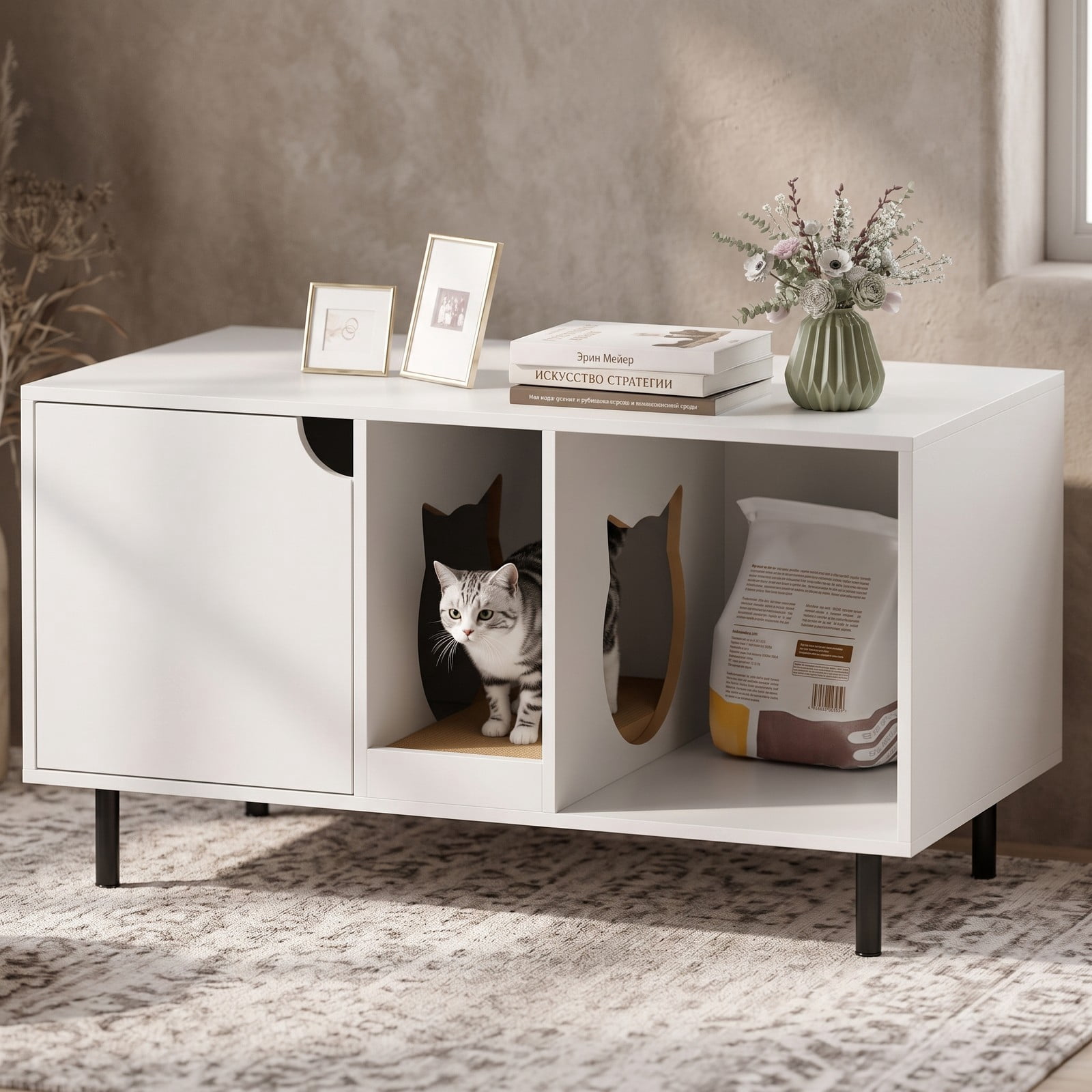 ALPULON 40 Inch Cat Litter Box Enclosure for 2 Cats, Hidden Cat Washroom Furniture with Scratching Board, Side Table Litter Box Cabinet with Countertop and, White