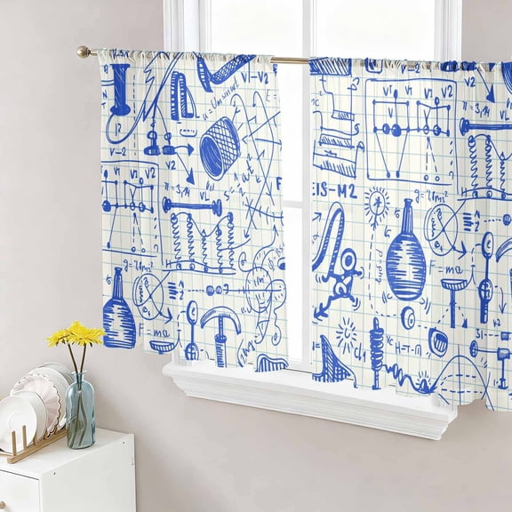 Blue Physics Sheer Curtains 54 Inch Length 2 Panels Set Window Treatments, Model Laboratory Formula Equations Plaid Rod Pocket Semi Curtains for Living Room/Bedroom/Kitchen Décor, 104"W x 54"L