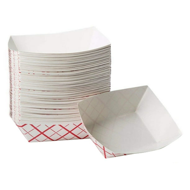 100Pc Paper Food Trays Disposable Red & White Checkered Leak Proof