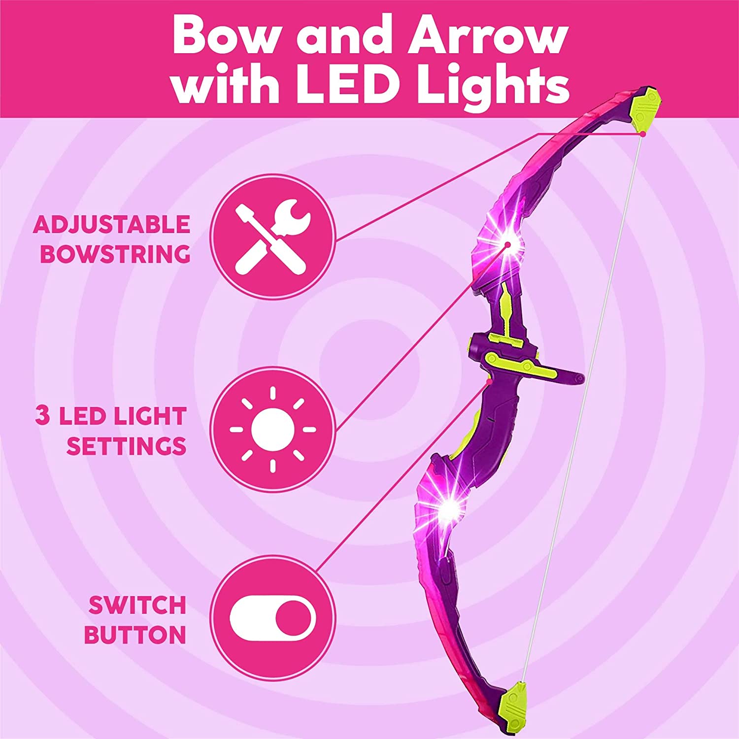Toysery Dark Pink Bow and Archery for Kids with LED Flash Lights - Bow and arrow for kids with Suction Cups Arrows, Target, and Quiver - pink bow and arrow for girls