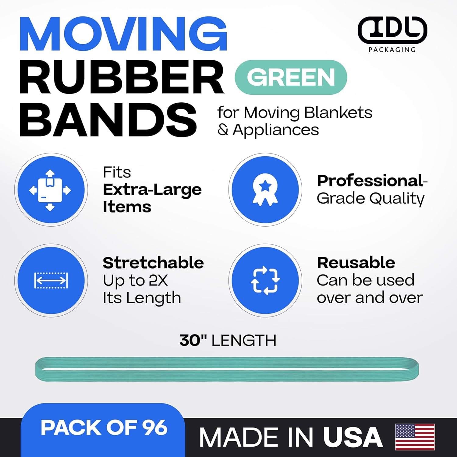 IDL Packaging Green Moving Bands 30", Pack of 96 - USA-Made Mover Rubber Straps for Furniture, Boxes & Moving Blankets