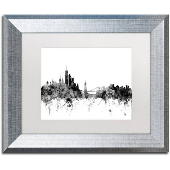 Trademark Fine Art "New York Skyline B&W" Canvas Art by Michael Tompsett, White Matte, Silver Frame