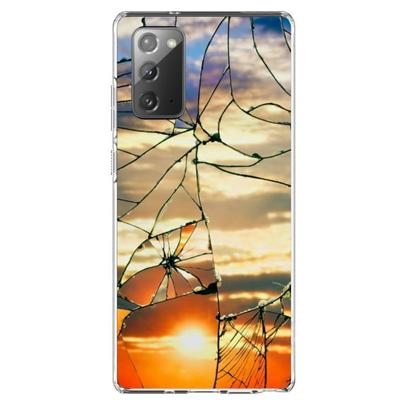 DistinctInk Clear Shockproof Hybrid Case for Samsung Galaxy Note 20 (6.7" Screen) - TPU Bumper, Acrylic Back, Tempered Glass Screen Protector - Shattered Glass Sunrise
