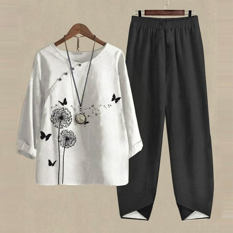2 Piece Linen Pants Sets Womens Summer Floral Print Short Sleeve