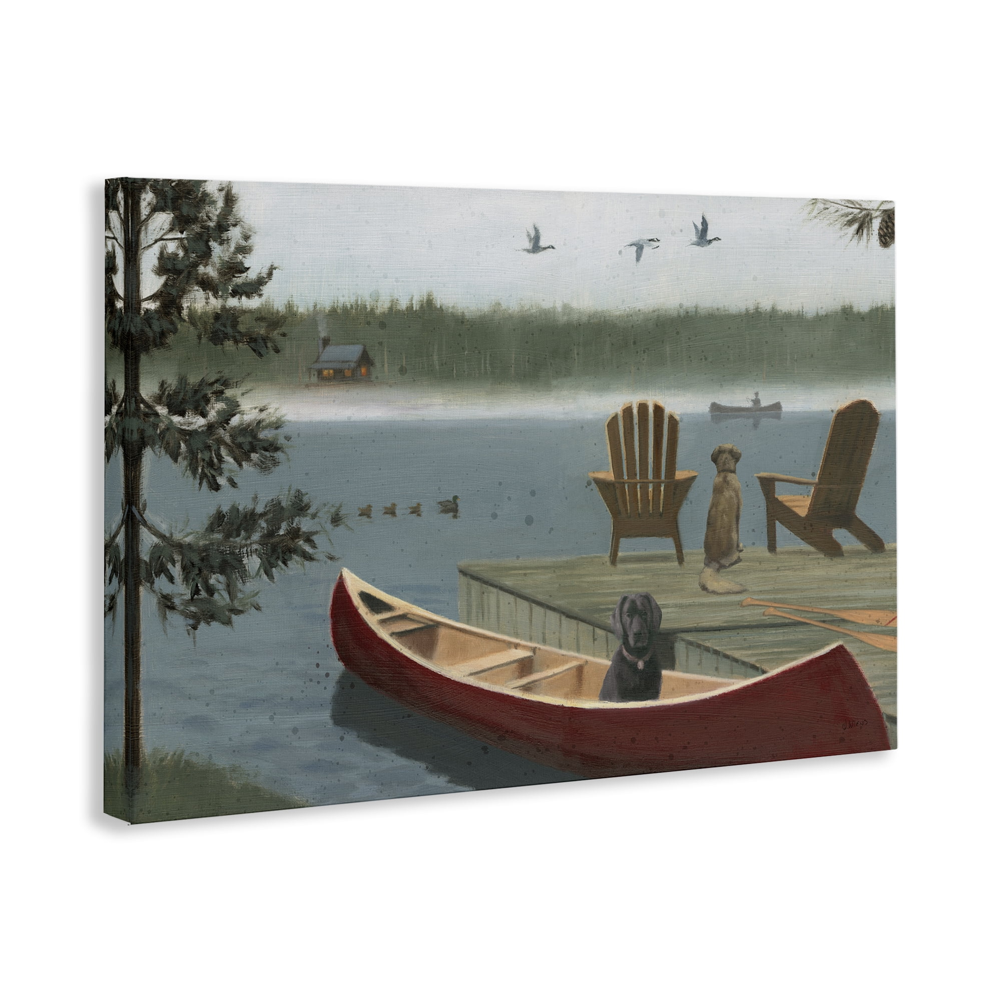 Stupell Industries Dogs on Lake Dock Landscape & Nature Painting Wrapped Canvas Art Print Wall Art, 24 x 16