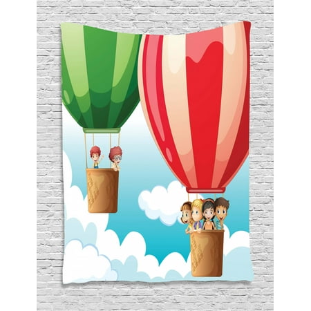 Explore Tapestry Children In Hot Air Balloons Flying Kids Adventure Exploration Themed Illustration Wall Hanging For Bedroom Living Room Dorm Decor