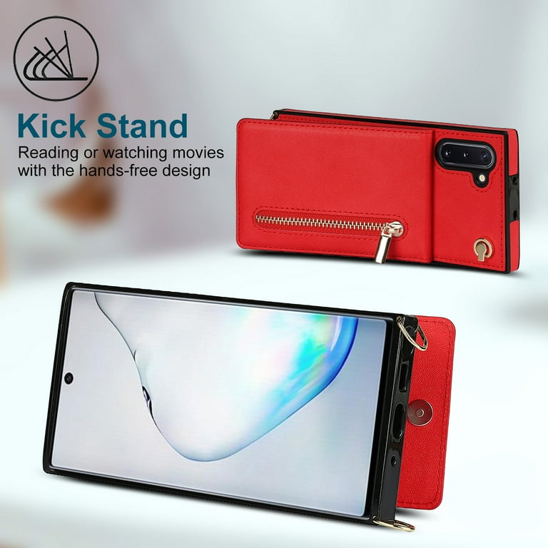 Compatible with for Galaxy Note 10 Wallet Case Crossbody Zipper Phone Case Square with RFID Blocking Card Holder Wrist Strap Leather Purse for Women
