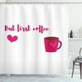 thumbnail image 1 of But First Coffee Shower Curtain, Cartoon Lettering and a Steaming Cup on a Plain Background, Fabric Bathroom Set with Hooks, 69W X 70L Inches, Magenta Dark Cocoa White, by Ambesonne, 1 of 3