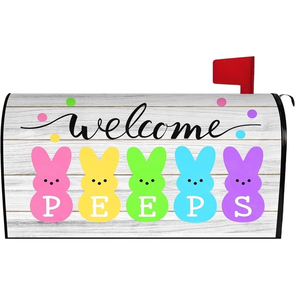 Easter Mailbox Cover 21x18 Inch, Welcome Peeps Post Letter Box Covers, Spring Easter Seasonal Holiday Magnetic Waterproof Mail Wraps for Outdoor Yard Garden Standard Mailbox Decor