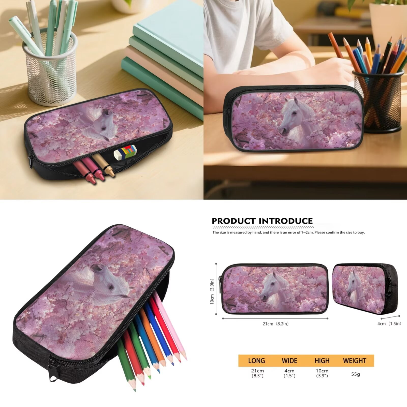 Pzuqiu Cherry Blossom Horse Backpack for Girls 8-10 Kids School Bag with Lunch Box Lightweight School Bookbag for Elementary School 5pcs Kids Backpack Travel Bag