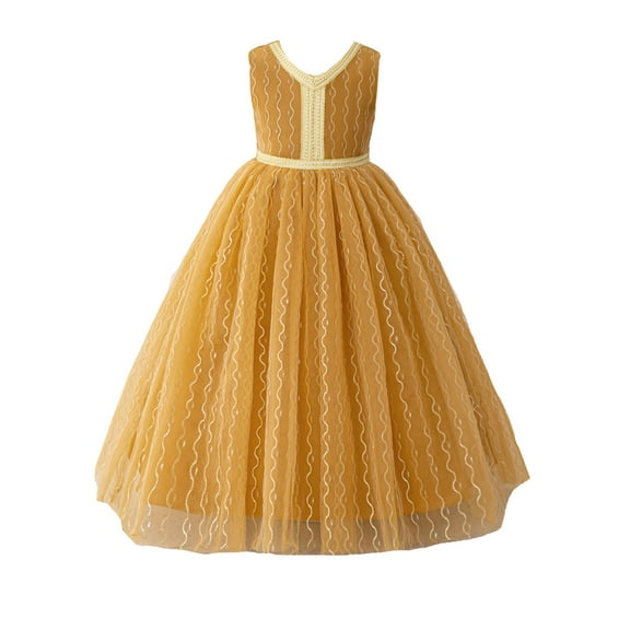 Juniors Girls Casual Dresses Fashion Gown Gold Thread Embroidery Princess Performances DressBeachwear ,Yellow,7-8 Years