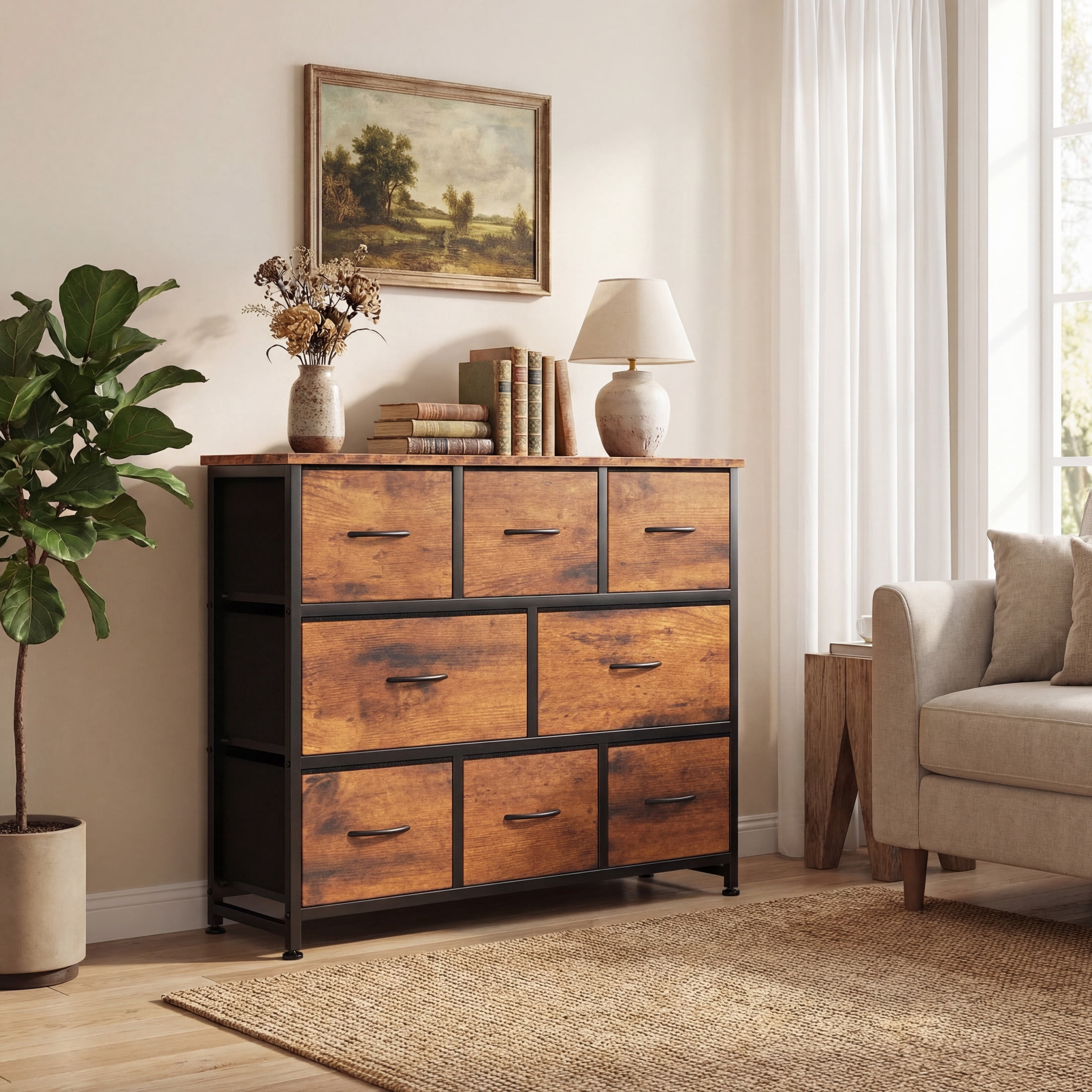 edx 8 Drawers Fabric Dresser, Chest of Drawers with Sturdy Steel Frame, Storage Organizer Cabinet for Bedroom, Living Room, Hallway, Rust