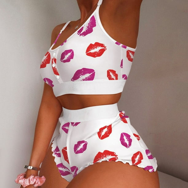 Conjunto de pijama de 2 piezas con volantes y estampado de fresas Kawaii para mujer 2022 Cute Crop Top & Pantalones cortos Trajes Dama Ropa de dormir Lencería sexy xuanjing unisex