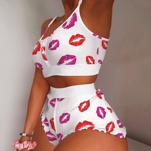 Conjunto de pijama de 2 piezas con volantes y estampado de fresas Kawaii para mujer 2022 Cute Crop Top & Pantalones cortos Trajes Dama Ropa de dormir Lencería sexy xuanjing unisex