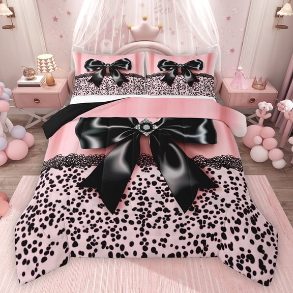 Homewish Boys Girls Cartoon Ribbon Bowtie Bedding Comforter Set 2pcs,Abstract Polka Dots Twin Comforter Sets Microfiber,Dreamy Princess Breathable Bedding Set,Luxury Bedroom Decor,Reversible