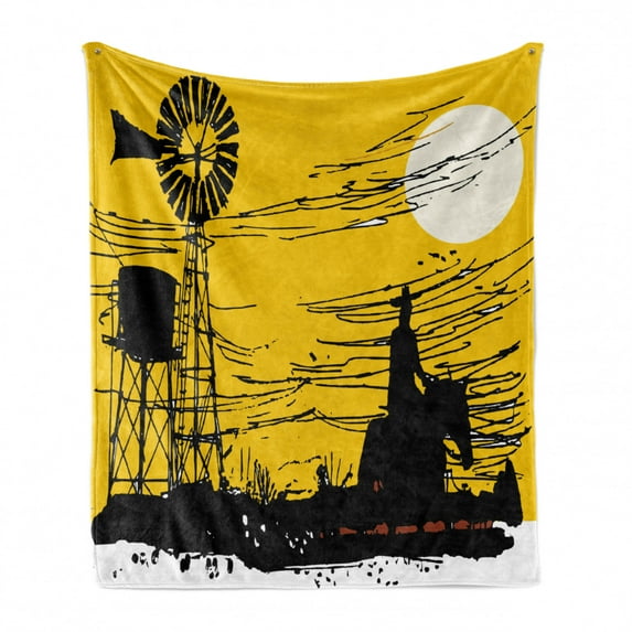 Windmill Soft Flannel Fleece Throw Blanket, Australian Outback Inspired Artwork Cowboy on Horse at Sunset, Cozy Plush for Indoor and Outdoor Use, 50" x 70", Earth Yellow Black, by Ambesonne