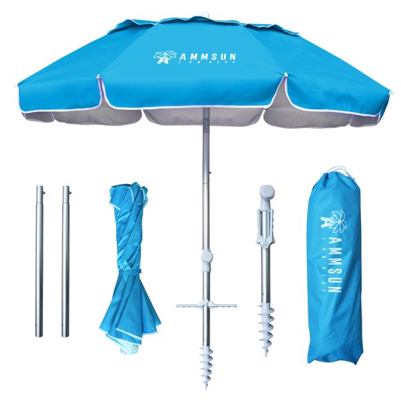 AMMSUN 6ft Folded Travel Beach Umbrella fit in Suitcase with Sand Anchor Tilt Silver Coating Inside UPF 50+UV Protection Portable Compact Foldab