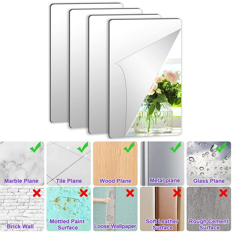 4pcs Acrylic Mirror Sheets Flexible Non Glass Mirror Tiles with 16pcs Self  Adhesive Stickers for Home Wall Decor