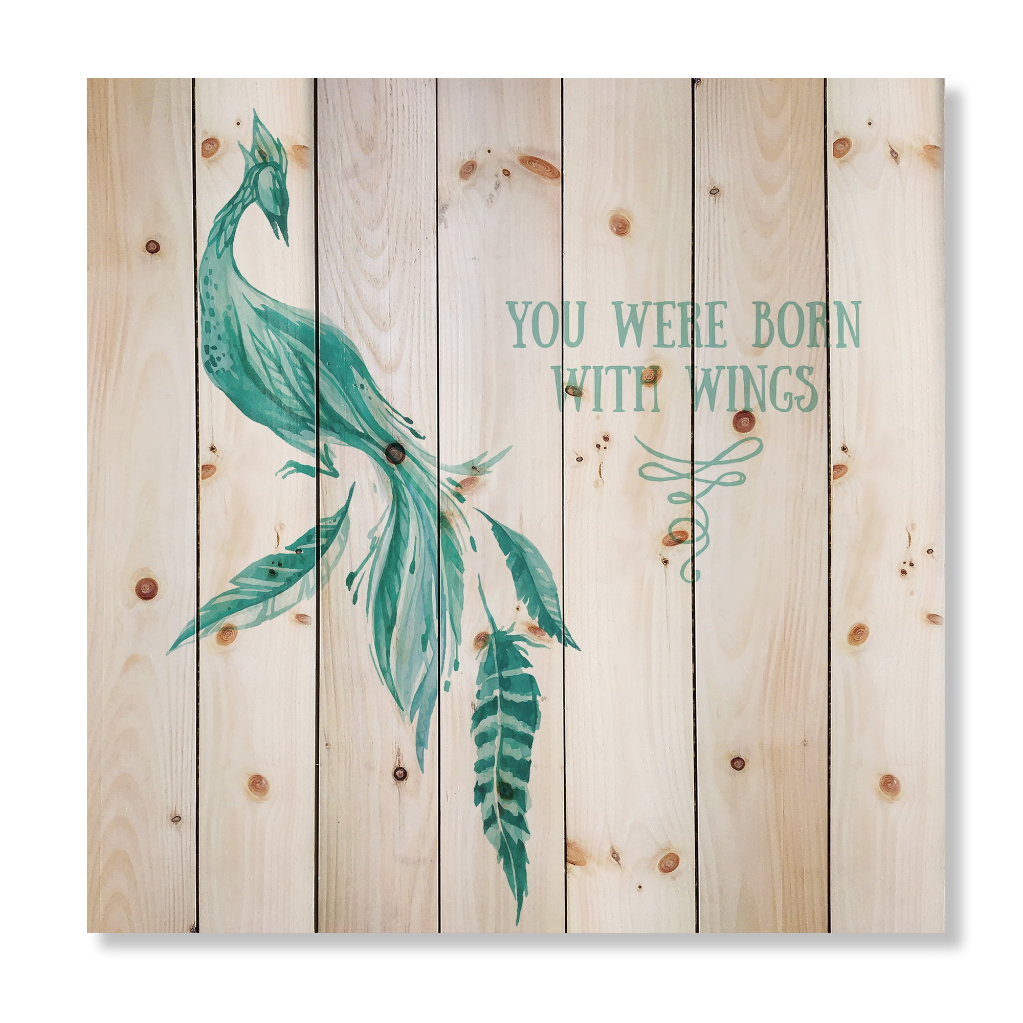 Designart 'Turquoise Bird You Were Born With Wings' Traditional Print on Natural Pine Wood