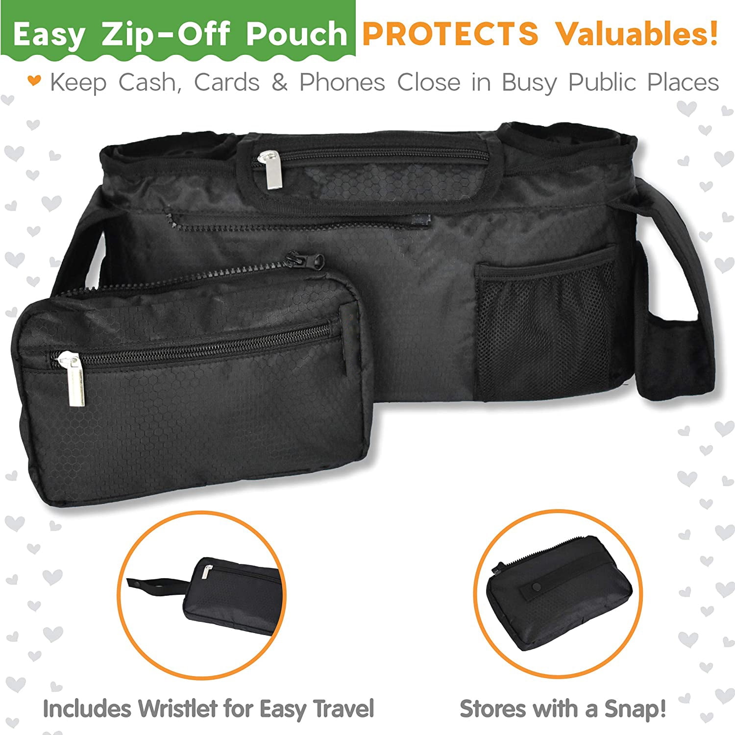 LNKOO Baby Stroller Organizer with Cup Holders – Mom Gift – Secured Fit, Extra Storage, Easy Installation – Front Zippered Pocket for Smart Moms,Front Zippered Pocket and Adjustable Straps