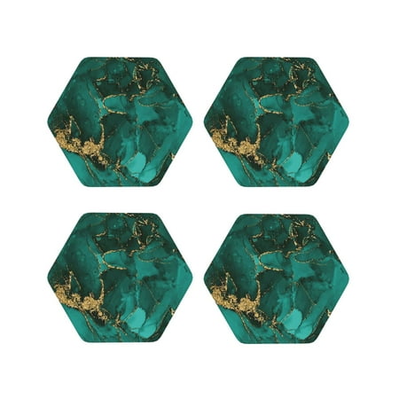 

Fuzoiu Green Gold Glitter Print Leather Coasters Set Drink Coasters Set of 4 for Tabletop Protection Durable PVC Coasters Home Décor and Housewarming Gift-Hexagon