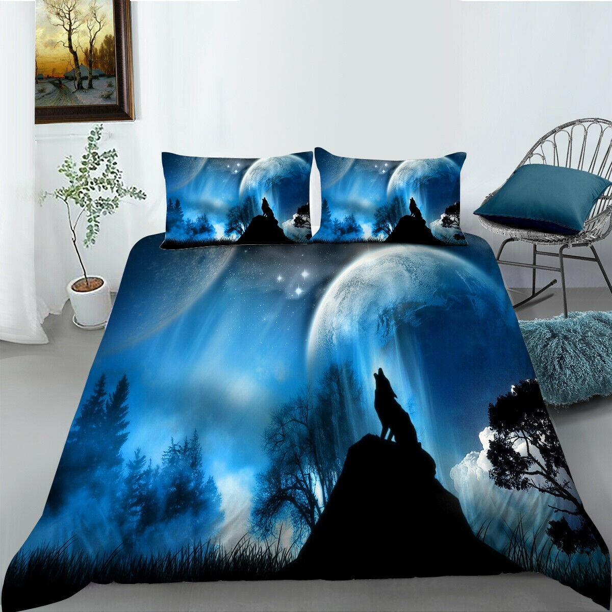Home Bed Clothes Comforter Cover Set With Pillowcase 3D Moon And Wolf  Painting Creative Bedding Cover,California King (98