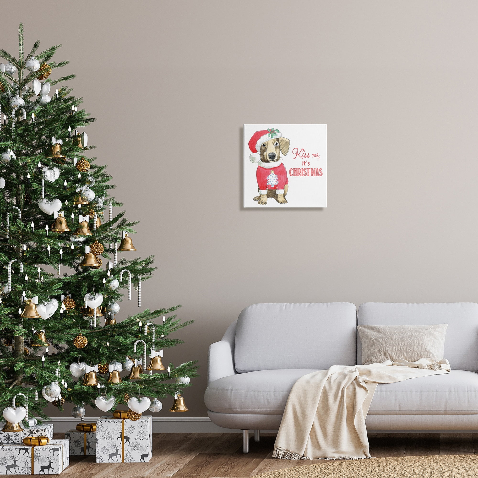 Kiss Me It's Christmas Dog Wearing Holiday Clothes Animals & Insects Graphic Art Gallery-Wrapped Canvas Print Wall Art
