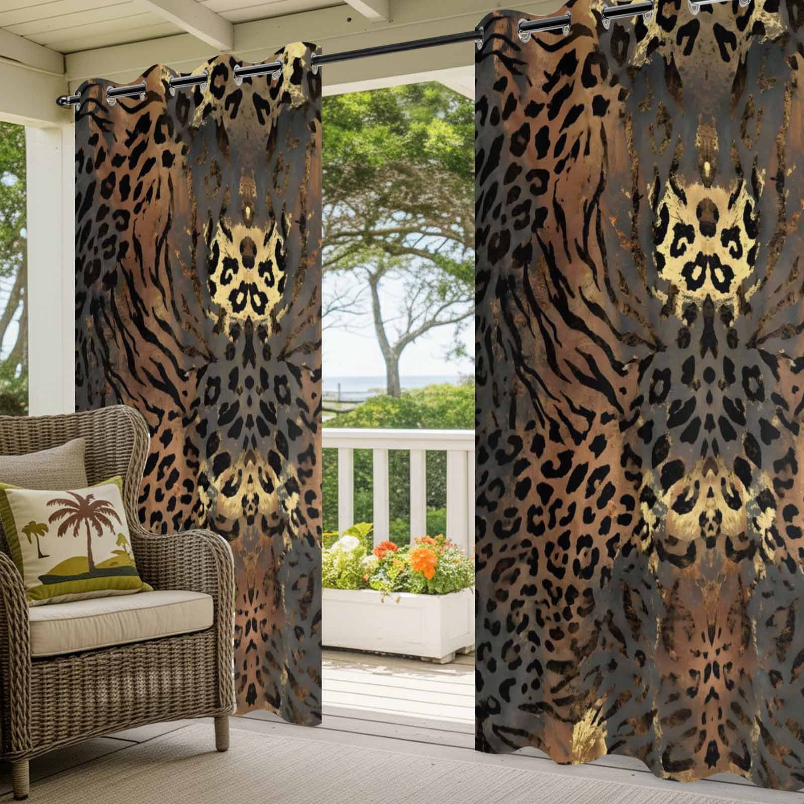 Leopard Print Outdoor Curtains for Patio, Ethnic Style Gold Black Gradient Fur Texture Sunshade Privacy Drapes Grommet Waterproof Outside Curtains for Porch/Cabana/Balcony 54"x 108", 1 Panel