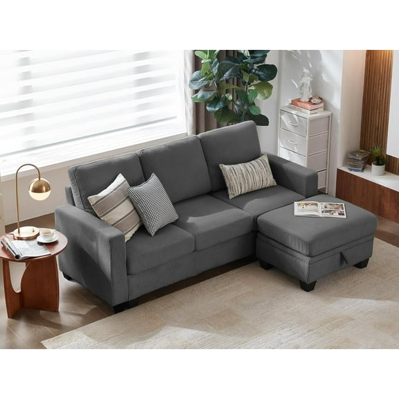 CHIC HOUSE 78.7" Sectional Sofa with Storage Ottoman Chaise, Corduroy L Shaped Sofa Convertible Sectional Couches for Living Room, 4 Seater Corner Modular Sofa with Deep Seat Throw Pillows, Gray