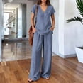 thumbnail image 2 of Women's V Neck Short Sleeve Top & Wide Leg Pants Set, Soft Nylon Spandex Loungewear, Casual 2 Piece Outfit with Stretchy Waist, for Relaxed Days, Work from Home, or | TruBelle,Dark Blue 2XL, 2 of 8