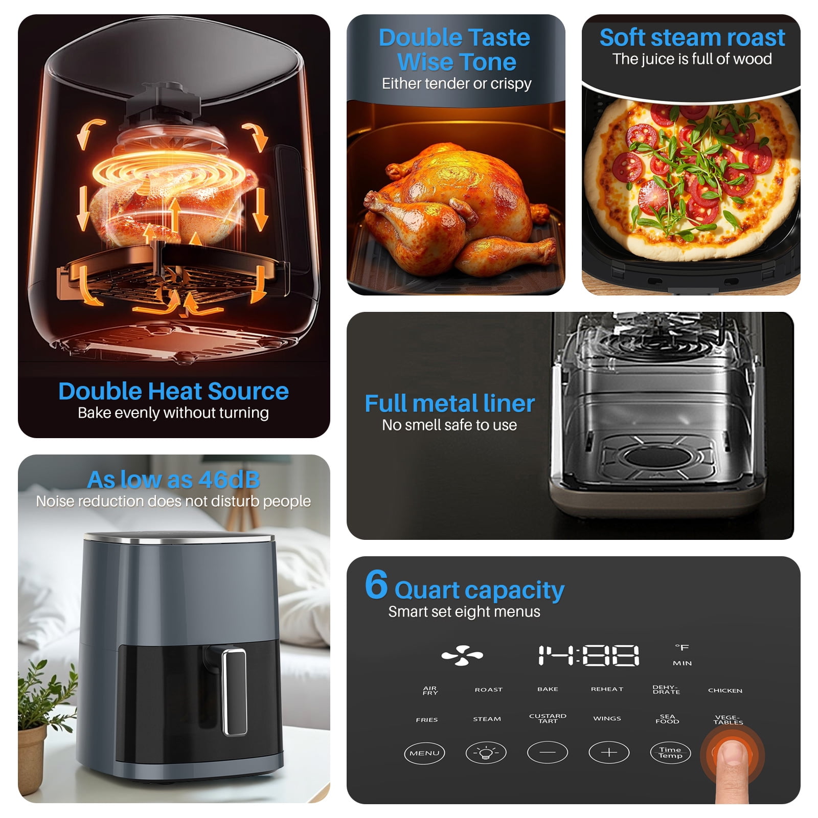6Qt Air Fryer, Gray 12-in-1 Functions Air Fryer, Automatic Shutoff, Built-in Timer, Basket, Oil, Frying 400°F Max