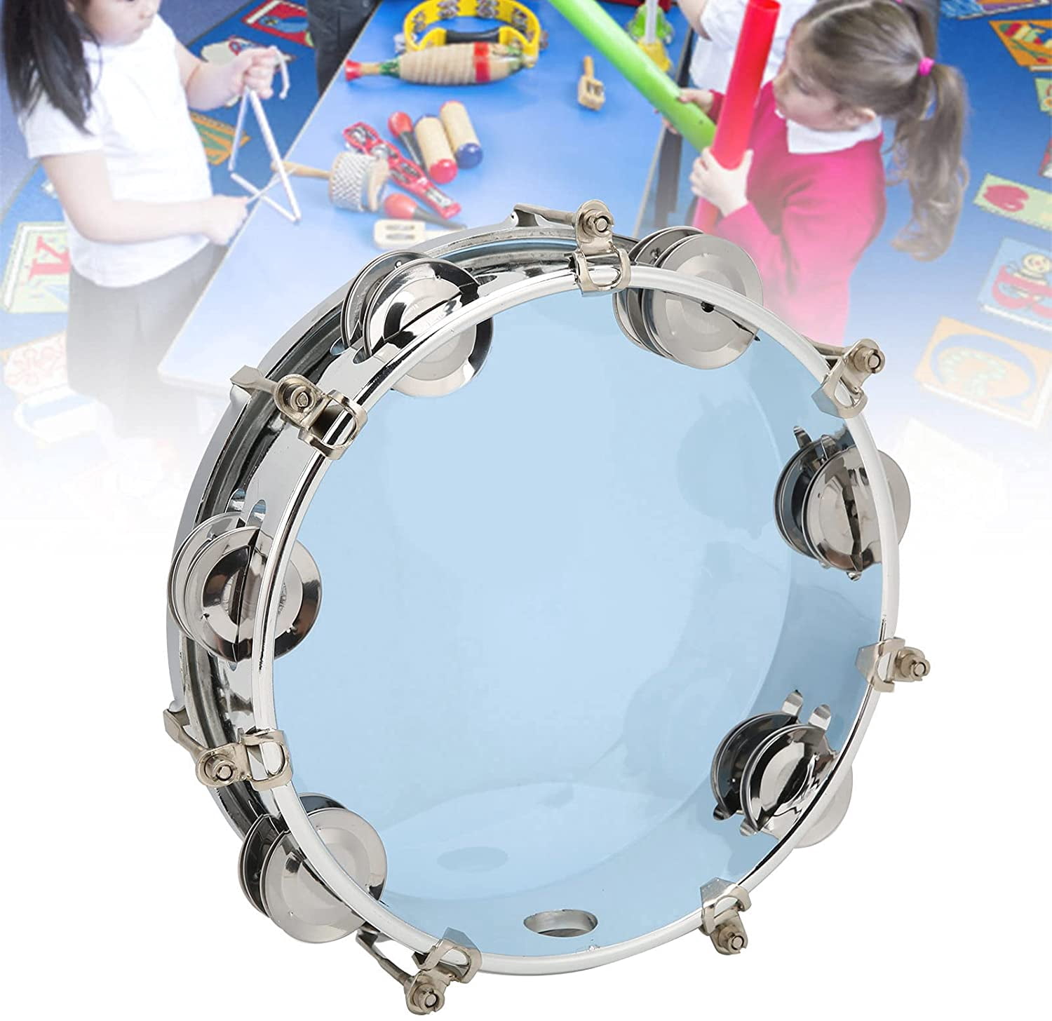 ABCISI 8 Inch Tambourine, Double Row Metal Jingles Hand Held Percussion Instrument with Drum Key for Church Worship Band Adults Beginners (Blue)