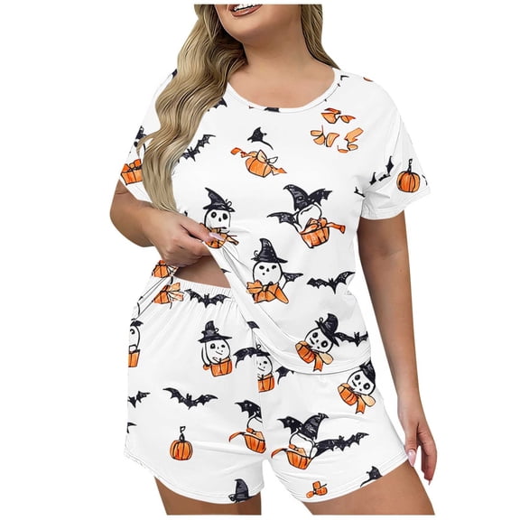 Iyufng Women's Plus Size Halloween Print Pajama Sets Short Sleeve Pullover Top and Shorts 2 Piece Set for Home Wear