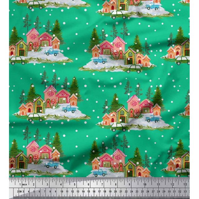 Soimoi Poly Georgette Fabric House,Snowfall & Tree Nature Fabric Prints by Yard 52 Inch Wide