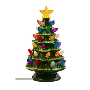 Small Vintage Ceramic Christmas Tree with Multi-Color Lights and Clip in Cord - 6.75" Tabletop Tree