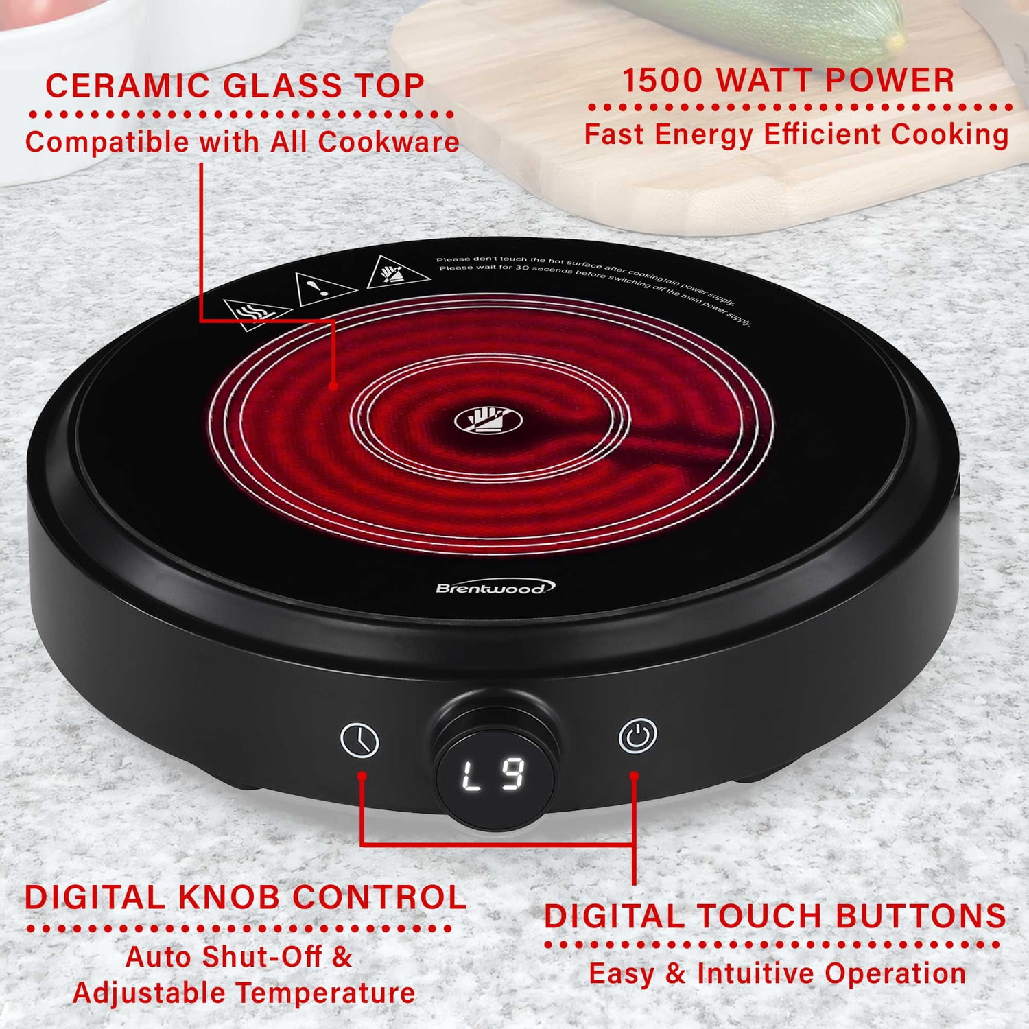 Brentwood Select 1,300-Watt 10-In. Countertop Ceramic Glass Cooktop Surface with Single 8-In. Infrared Burner, Black