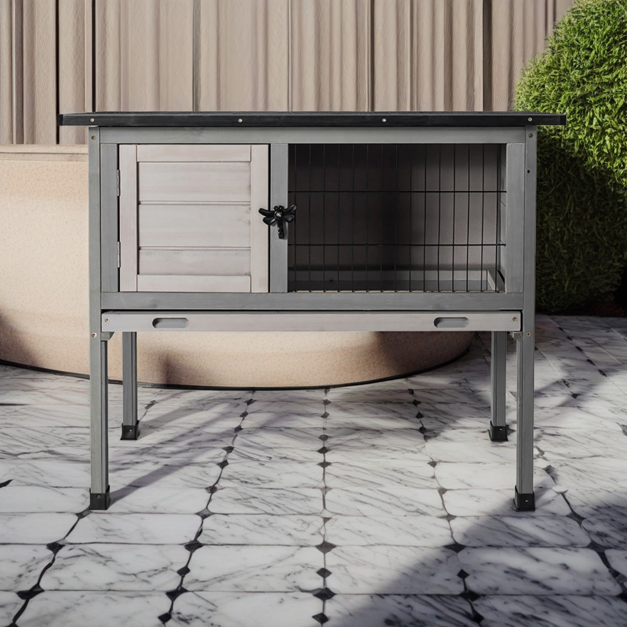 Pefilos 33" Outdoor Rabbit Hutch, Wood Guinea Pig Hutch, Indoor Small Animal House Pet Cage, Gray