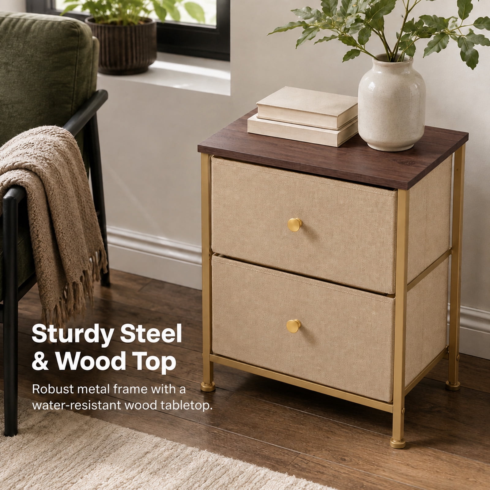 Alvantor Nightstand with 2 Storage Drawers, Small Bedside Table, Small Dresser with Sturdy Wooden Top for Daily Essentials, Compact Nightstand for Bedroom and Small Spaces