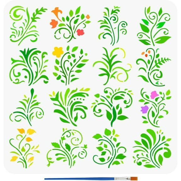 Plants Vines Patterns Drawing Stencil with Paint Brush 11.8x11.8inch 16 Styles Vines Painting Template Plants Theme DIY Art Decoration Stencil for Painting on Wood Wall Fabric Furniture
