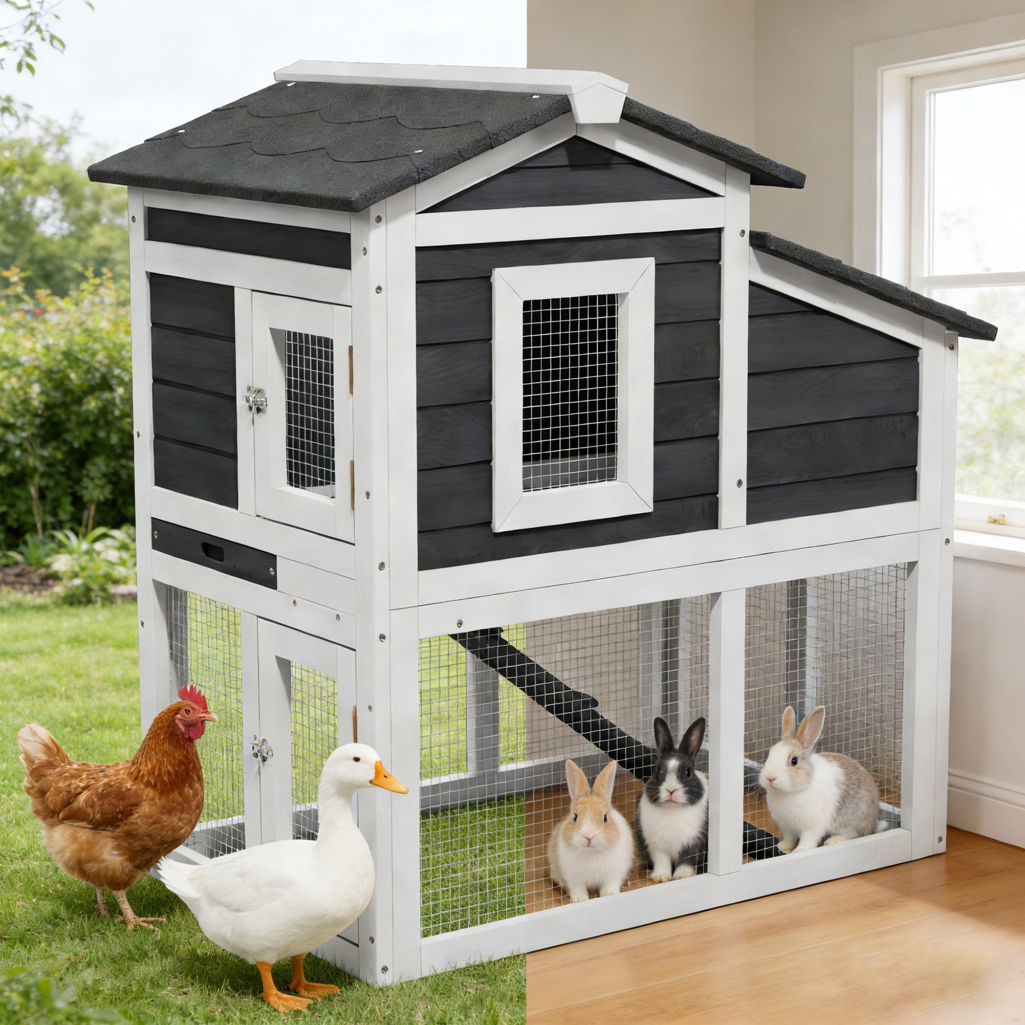 Outdoor 2-Tier Weatherproof Duck Coop, Wooden Duck Hutch with Open Roof, Suitable for 2-3 Ducks, Black & White
