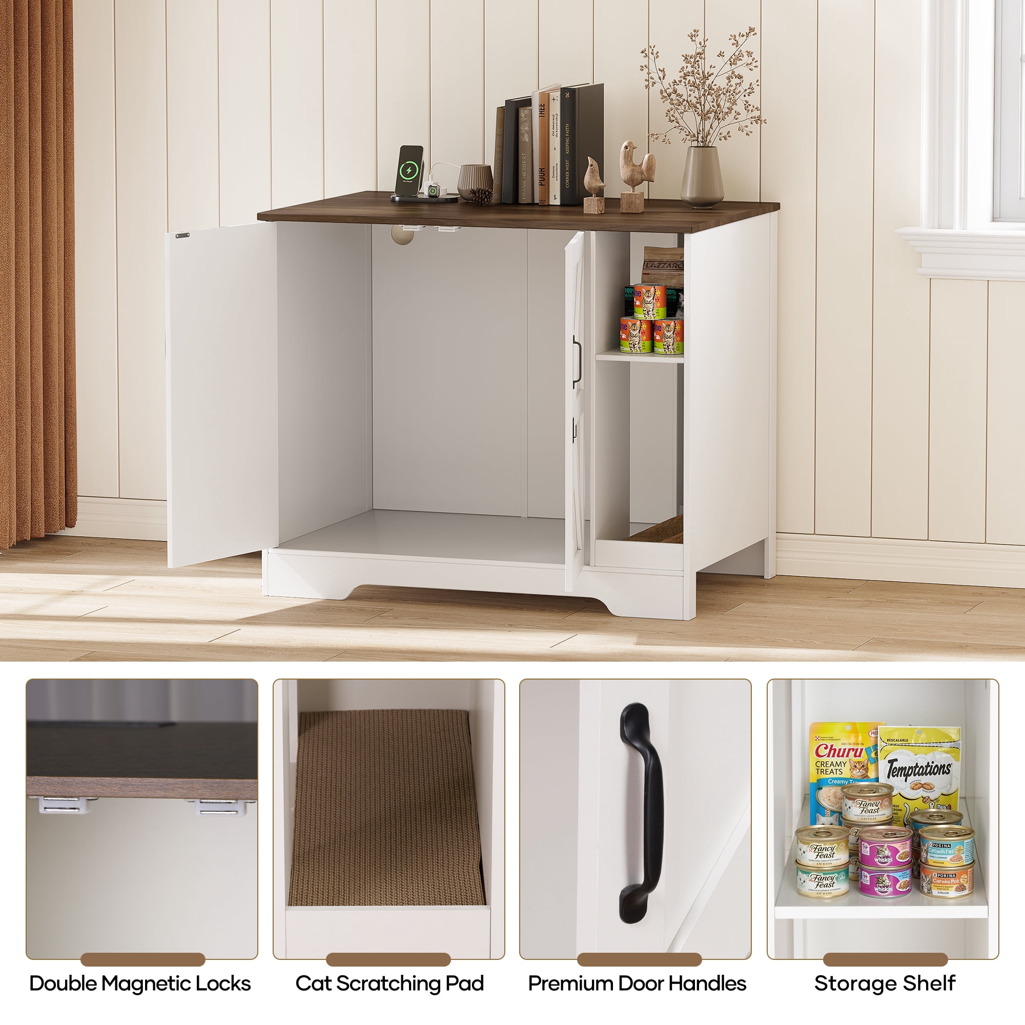 Naipo 42inch XL Litter Robot Enclosure with Power Outlet for Litter Robot 3/4 , Hidden Cat Litter Box Cabinet with Cat Scratch Pad , Dog Proof, White