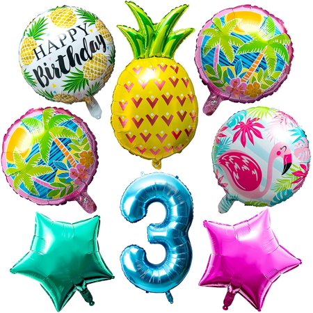 Hawaiian Balloons Party Decorations for 3rd Birthday, 8 Pcs Giant Foil Mylar Balloons Pineapple Flamingo Palm Tree Leaves Tiki Summer Beach Pool Aloha Tropical Luau Party Decorations Supplies