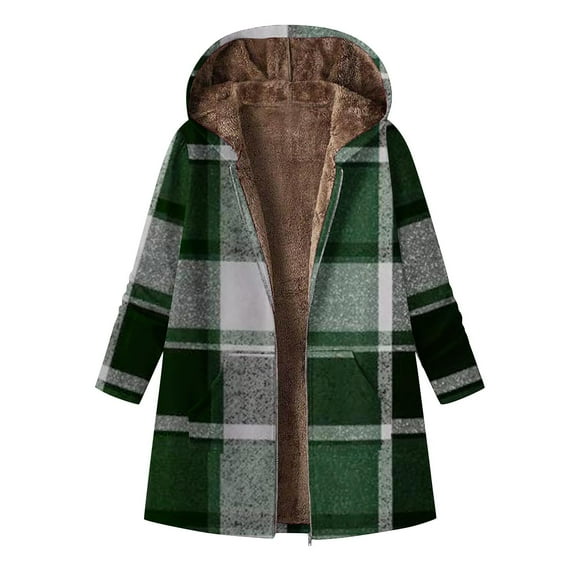 Enjoytime Fall Jackets for Women 2025 Plaid Long Sleeve Zip Up Coats Winter Warm Thickened Hooded Casual Outerwear