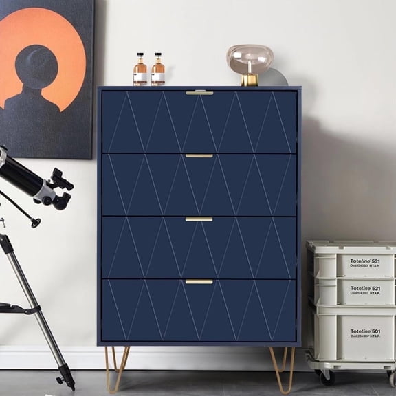 Eclife 4 Drawer Dresser, Blue MDF Wood Chest of Drawers with Metal Handles, Storage Cabinet for Bedroom, Closet and Living Room