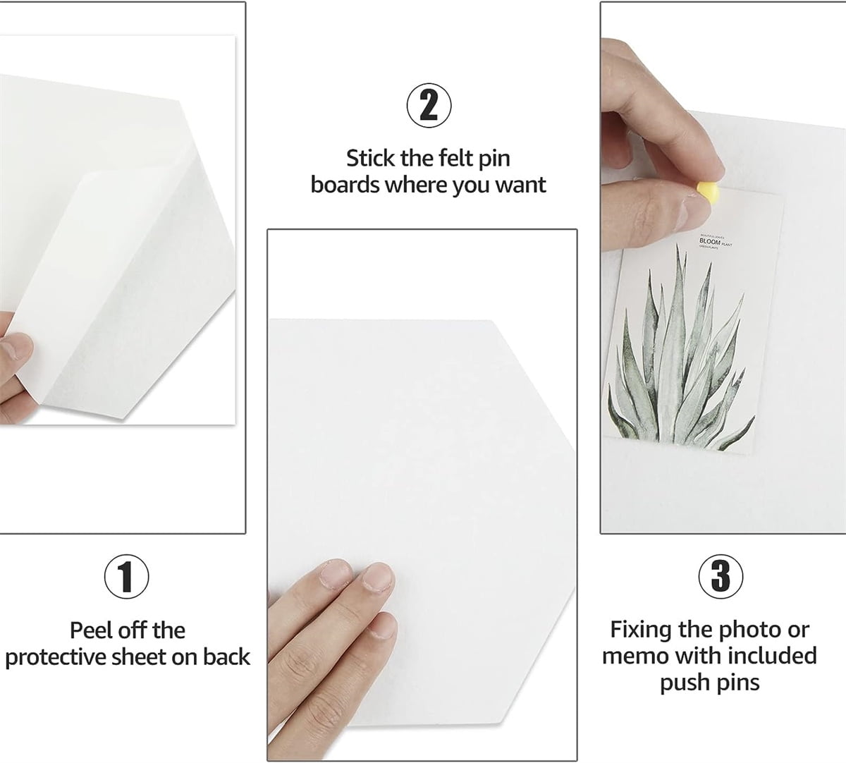 Bexikou 6 Pcs Hexagon Felt Board Tiles, Self Adhesive Wall Pin Bulletin Board with 200 Pcs Push Pins for Photos Memos Home Office Decor, White
