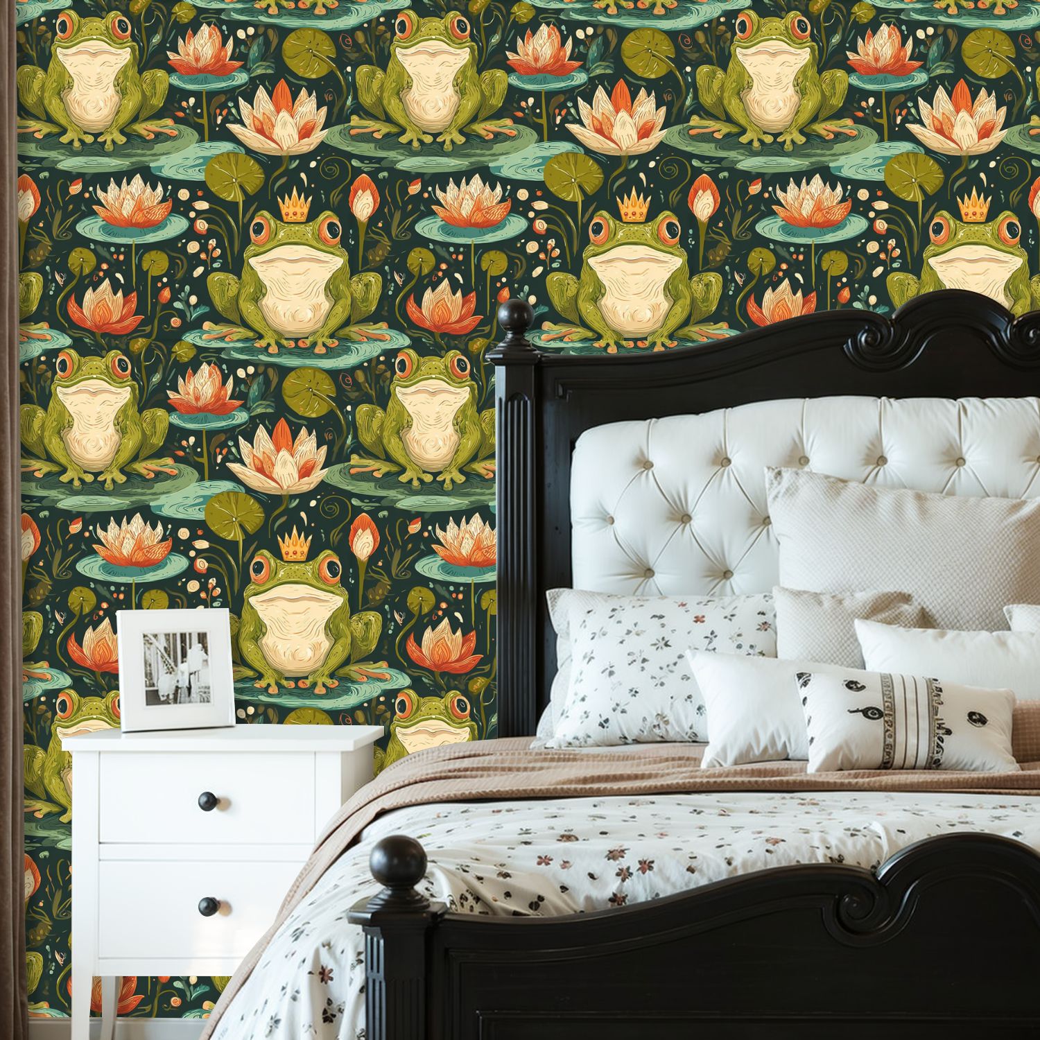 Peel and Stick Wallpaper 23.6in x 9.8ft Whimsical Frogs Water Lilies Crown Botanical Contact Paper Vinyl Self-Adhesive Removable Wall Paper for Bedroom Kitchen Cabinet Décor Renter Friendly