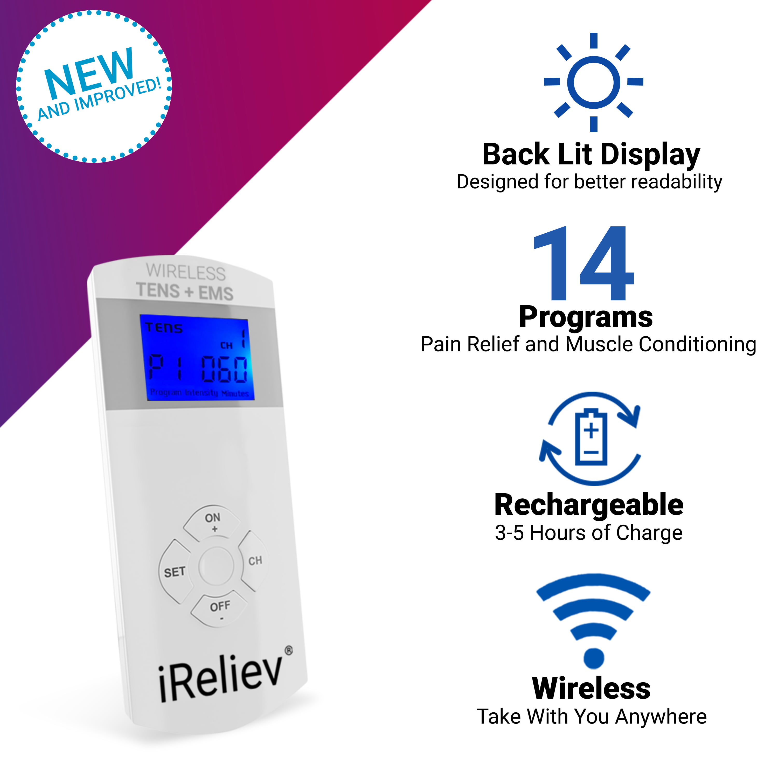  iReliev TENS & EMS Expandable Wireless Receiver Pods with Hard  Case - for Use with iReliev ET-5050 TENS + EMS Unit - Includes 2  Rechargeable Wireless Receiver Pods - ET-5050 Hand