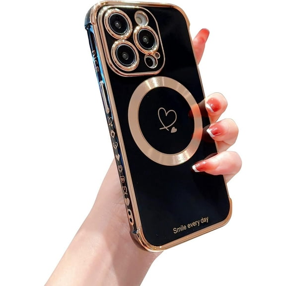 Compatible with Magsafe Case for iPhone 14 Pro, Luxury Heart Gold Plating Design Raised Camera Lens Protection Soft Shockproof TPU Magnetic Case for iPhone 14 Pro 6.1inch - (Black)